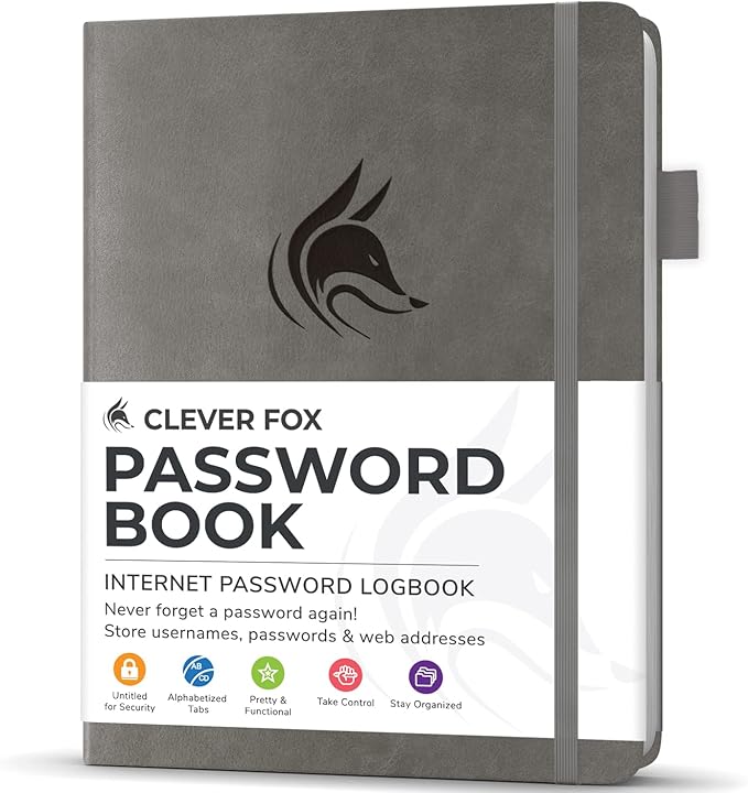 Clever Fox Password Book with Alphabetical tabs. Internet Address Organizer Logbook. Small Pocket Password Keeper for Website Logins (Gray)