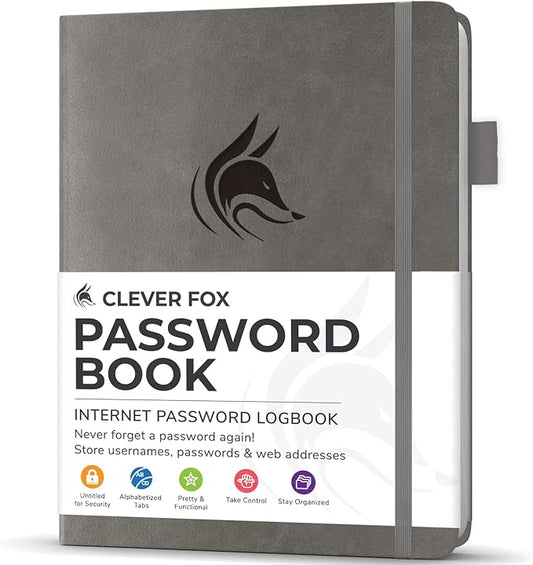 Clever Fox Password Book with Alphabetical tabs. Internet Address Organizer Logbook. Small Pocket Password Keeper for Website Logins (Gray)