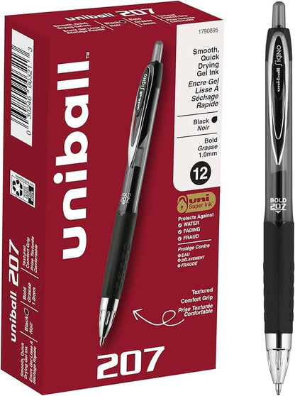 Uni-Ball 207 Gel Pen 12 Pack - 1.0mm Bold Black Pens, Gel Ink School Pens - School Supplies, Teacher Pens, Journaling Pens - Back to School
