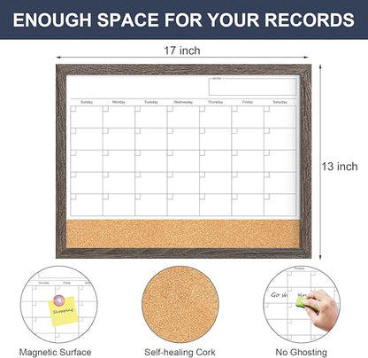 Whiteboard Calendar & Corkboard for Wall, 17"x13" Magnetic Dry Erase Monthly Calendar with Wood Framed, White Board Cork Board Combo, Calendar Bulletin Board for Home Kitchen Office Memo Planner