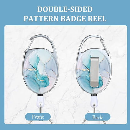 Badge Reels Retractable，Double Sided Color Print Pattern Retractable Badge Holders，with Retractable Keychain, Badge Clip and Key Ring，Durable Nylon Retractable Rope，Green Marble