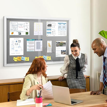 SWANCROWN Enclosed Locking Bulletin Board Gray Fabric Message Board with Sliding Glass Doors,for Indoor Use,48"x34"