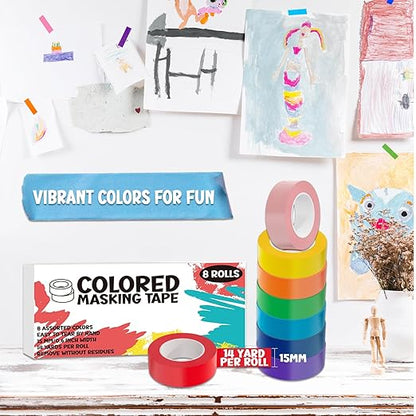 ALLFUN 8 Pieces Colored Masking Tape, Kids Arts & Crafts Colored Tape, Craft Tape, Colored Painters Tape