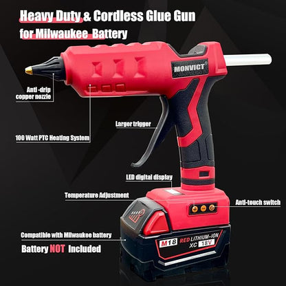 MONVICT 100W Cordless Glue Gun for Milwaukee 18V Battery, Upgraded Digital Temperature Adjustable Handheld Electric Power Full Size Heavy Duty Hot Glue Gun with 10 Glue Sticks (Tools only)
