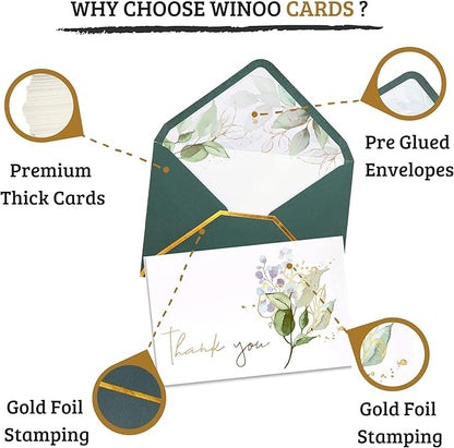 Heavy Duty Thank You Cards with Envelopes - 36 PK Gold Notes 4x6 Inches Baby Shower Wedding Small Business Graduation Funeral Bridal (Greenery)
