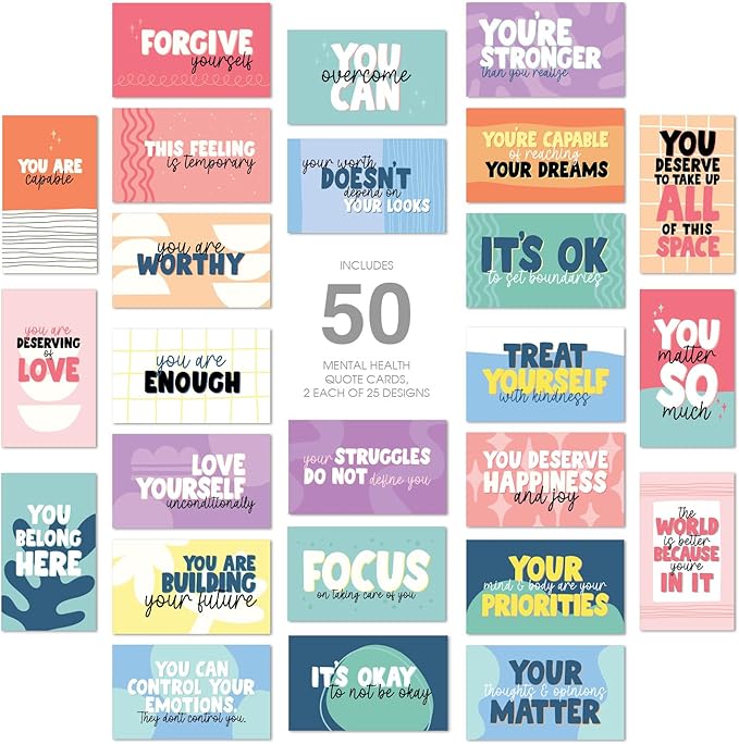 Strong Mental Health Mini Quote Cards / 50 Motivational Kindness Cards / 25 Vibrant Uplifting Designs / 2" x 3.5" Flat Business Card Size/Small Inspirational Daily Quote Cards