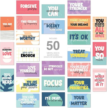 Strong Mental Health Mini Quote Cards / 50 Motivational Kindness Cards / 25 Vibrant Uplifting Designs / 2" x 3.5" Flat Business Card Size/Small Inspirational Daily Quote Cards