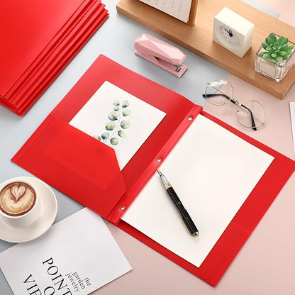 Cholemy 6 Pcs Plastic Pocket Folders with Prong 2 Heavy Duty Pockets Folders with 3 Prongs Letter Size Paper Folders Bulk File Plastic Folders with Fasteners for Office Workers (Red)