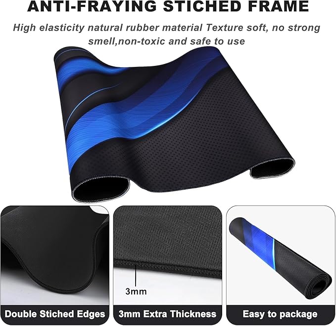 Desk Pad, Large Gaming Mouse Pad,Extended Keyboard Mouse Mat 35.4 X 15.7 Inch Desk Pad with Non-Slip Rubber Base & Stitched Edge for Computers Laptop Desk Home Office Accessories,Black Blue