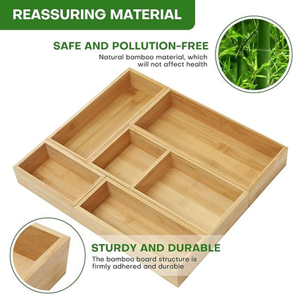 Bamboo Drawer Organizer Set, 5 PCS Multi-Use Individual Wood Storage Organizers, Junk Drawer Divider and Storage Trays Containers for Kitchen, Bathroom, Office Desk, Makeup, Jewelry, Utensils