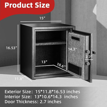 1.6 Cubic Feet Fireproof Safe Box, Fireproof Home Safe for Money, Jewelry, Documents and Valuables W/Digital Keypad,Alarm System,Removable Shelf Safe, Home and Office Use Fireproof Document Box