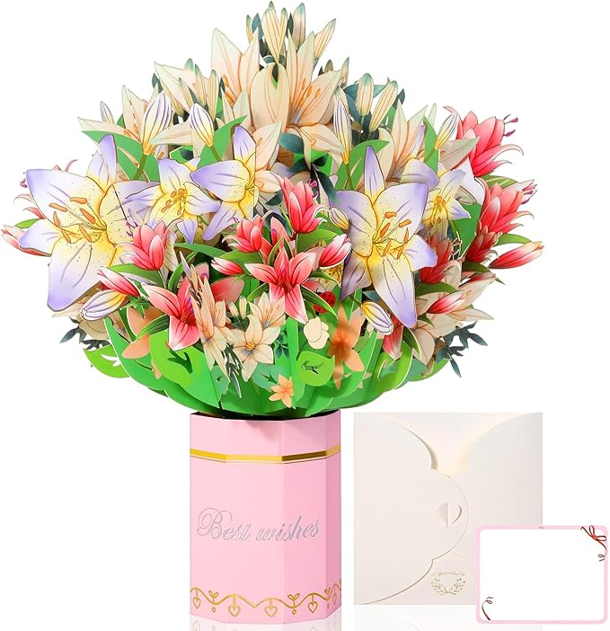 Get Well Soon Card, Popup Flower Lilies Birthday Card Thinking of You Gift Care Gift Cards for Women Mom Wife Friends Female Congratulations Gifts Anniversary Card
