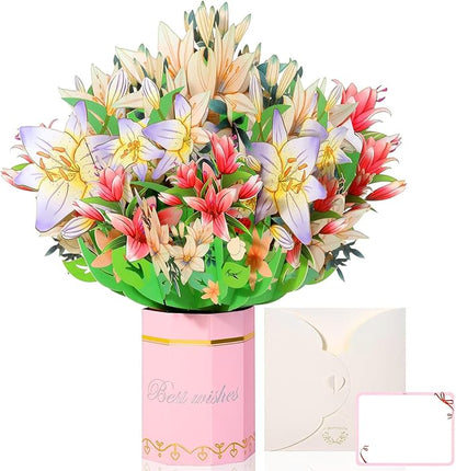Get Well Soon Card, Popup Flower Lilies Birthday Card Thinking of You Gift Care Gift Cards for Women Mom Wife Friends Female Congratulations Gifts Anniversary Card
