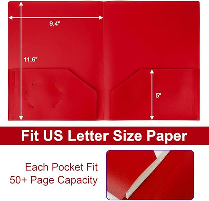 12-Pack Plastic Folders with Pockets,2-Pocket Poly Folders Holds 8-1/2" x 11" Paper for School/Office/Home, Red