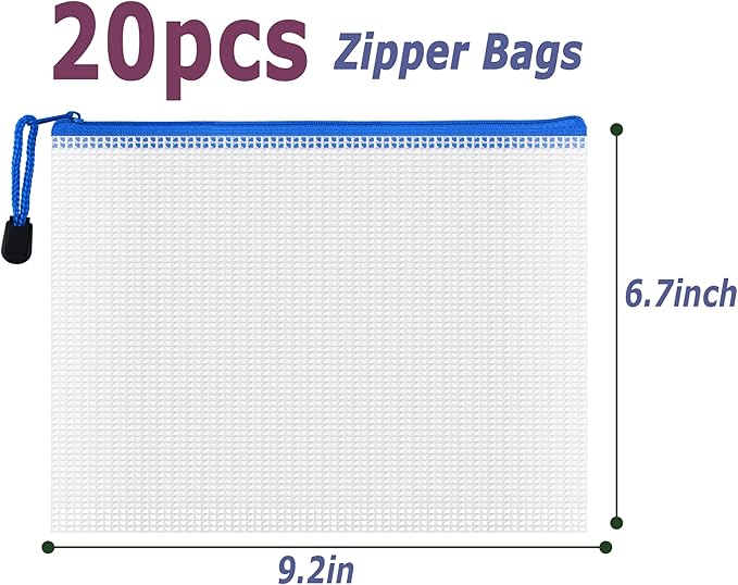 AUSTARK 20 Pcs Zipper File Bags, Plastic Mesh Pouch, Board Game Storage Bag, Waterproof Bags for Office School (A5 Size 9.2''x6.7'', White and Blue)