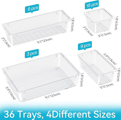 36 PCS Drawer Organizer Set, 4 Sizes Clear Plastic Makeup Vanity Organizer, Multi-Purpose Storage Bins for Makeup, Stationery, Gadgets, Transparent