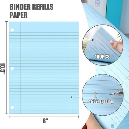 HIBOX 100 Sheets Lined Loose Leaf Paper, 8x10.5inch Blue Wide Ruled Refiller 3 Hole Punched Filler Paper for School Office