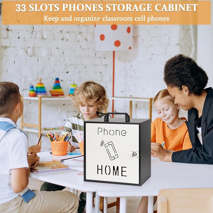 Cell Phone Holder Classroom 33 Slots Wooden Cell Phone Storage Cabinet Pocket Chart with Handle and Security Lock for Classroom Office (33 Grid Cabinet Black)