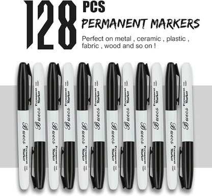 Permanent Markers, 128 Count Black Permanent Markers, Fine Point, Waterproof & Smear Proof Markers, Quick Drying, Office Supplies for School, Office, Home
