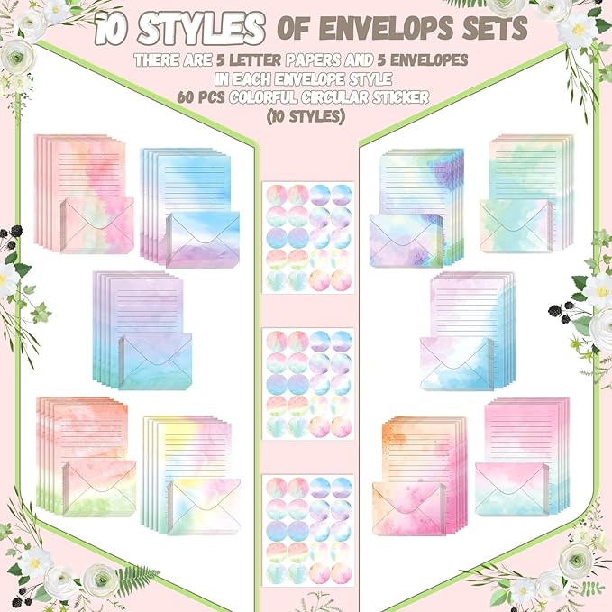 TaoBary 160 Packs Stationery Paper Set (50 Double Sided Stationery Writing Papers 50 Matching Envelopes) 60 Round Dot Sticker, 10 Design(Watercolor,8.5 x 11 Inch)