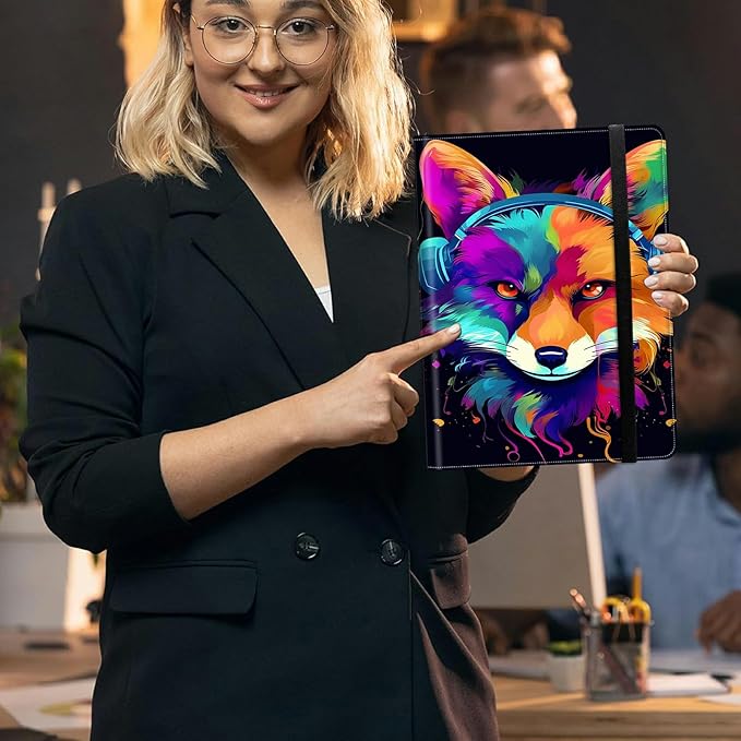 Fox Wearing Headphones Padfolio Folder with Clipboard,Portfolios Organizer Clipboards with Storage Clipboard Writing Pad PU Leather Conference Document Organizer with Business Card Holder