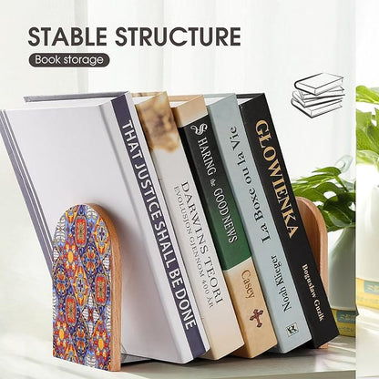 2 Pack Wood Bookends, Mexican Talavera Tile Mandala Non-Skid Book Ends for Heave Books, Decorative Bookends for Shelves Desk, Book Stoppers Book Holders for Home Office Library School