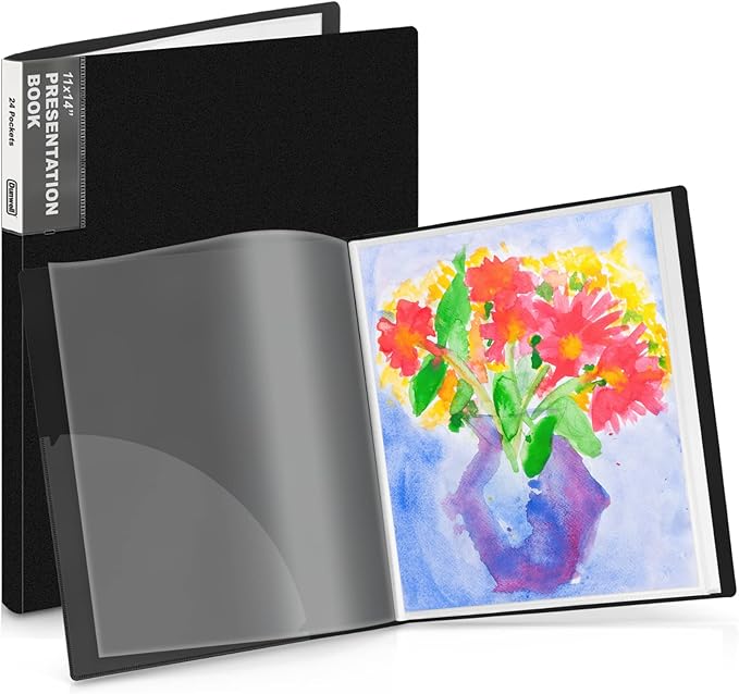 Dunwell 11x14 Binder with Sleeves (Black), 24 Pockets Display 48 Pages, Large Folder with Plastic Sleeves,11x14 Presentation Book with Protector Sleeves, Kids Art Portfolio 14x11,Clear Pages,Vertical