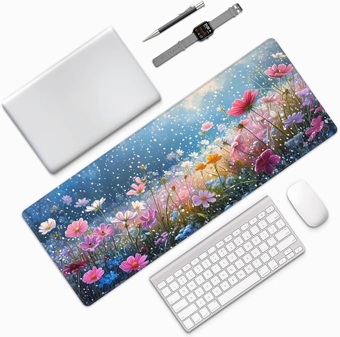 Gaming Mouse Pad Desk Pad,Extended Big Mouse Pad,31.5x11.8 Inch Long Computer Keyboard Mouse Mat Mousepad with 3mm Non-Slip Base and Stitched Edge for Gaming and Office… (Flowering shrubs)