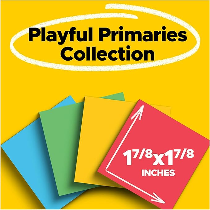 Post-it Super Sticky Notes, 8 Sticky Note Pads, 1.875 x 1.875 in., Back to School Supplies for Students, Ideal for Textbooks, Notebooks, and Vertical Surfaces, Playful Primaries Collection