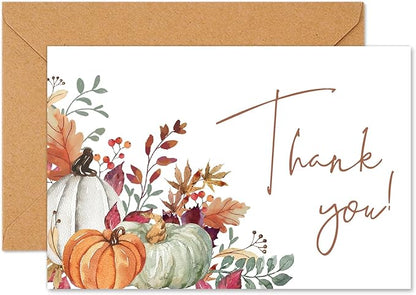 Whaline 50 Pack Fall Thank You Cards Bulk Boxed Watercolor Autumn Leaves Pumpkin Thank You Note Cards with Kraft Envelopes Sticker Thanksgiving Blank Greeting Cards for Wedding Baby Shower