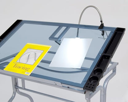 Studio Designs Folding Modern Glass Top Adjustable Drafting Table Craft Table Drawing Desk Hobby Table Writing Desk Studio Desk, 35.25" W x 23.75" D, Silver / Blue Glass