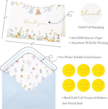 Crisky Baby Shower Blue Gold Thank You Cards (50 Pack) with Envelopes & Stickers Boy Baby Shower Greeting Cards Bulk, Watercolor Delicate Wildflower for Baby Shower Party