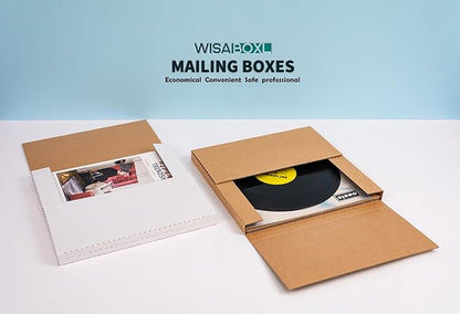 White Vinyl Record Mailers 12.8x12.8x1 Inch LP Mailing Corrugated Cardboard Boxes, Easy-Fold, Multi-Depth Album Shipping Boxes with Fragile Stickers, 25 Pack