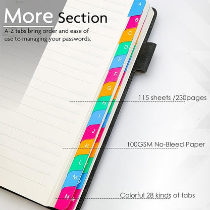 Password Keeper Book with Colorful Alphabetical Tabs, Hardcover Log Book for Internet Password and Website Address, Personal Organizer with Notes Section and Back Pocket and Two Bookmarks (Matte