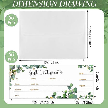 50 Sets Gift Certificate for Business with 50 Pcs Envelopes Blank Gift Certificate Cards with Name and Address Rustic for Beauty Salon Restaurants Birthday Client (Eucalyptus Leaves,4.72 x 2.36 Inch)