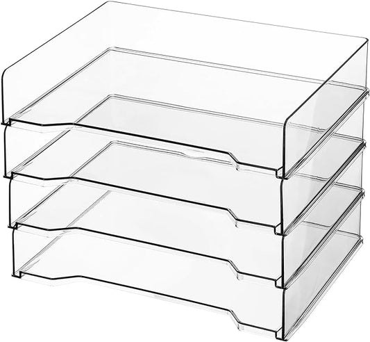 4 Pcs Stackable Letter Tray Rectangular Plastic Desk Organizer 13 x 9.5 x 2.6 in Paper Holder File Tray Accessories Rack for Desktop Office Desk Drawers (Clear)