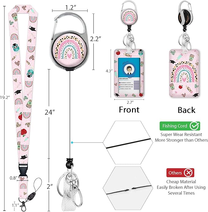 Rainbow Teacher Lanyards for Id Badges, Cute Badge Reel Heavy Duty with Carabiner Clip, Fashionable ID Badge Holder with Breakaway Lanyard, Teacher Nurse Office Christmas Gifts
