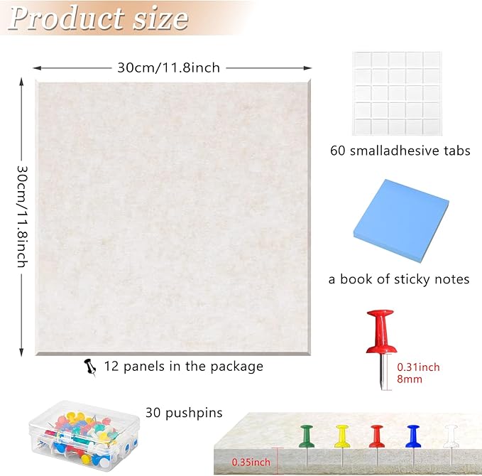Large Cork Board Alternative for Walls, 47"x35" 12 Pack Felt Wall Tiles Bulletin Board with 30 Push Pins, Sticky Notes, Cork Boards for Office Pin Board Tack Board Felt Boards (Light Camel)