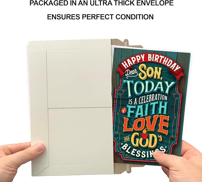 Prime Greetings Religious Birthday Card For Son, Made in America, Eco-Friendly, Thick Card Stock with Premium Envelope 5in x 7.75in, Packaged in Protective Mailer