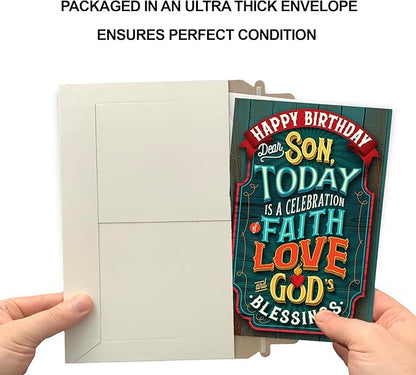Prime Greetings Religious Birthday Card For Son, Made in America, Eco-Friendly, Thick Card Stock with Premium Envelope 5in x 7.75in, Packaged in Protective Mailer