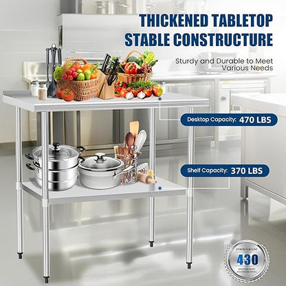 Stainless Steel Table 30 x 36 Inches Metal Prep Table with Backsplash & Adjustable Undershelf, Stainless Table for Commercial Kitchen, Outdoor, Restaurant, Hotel & Garage