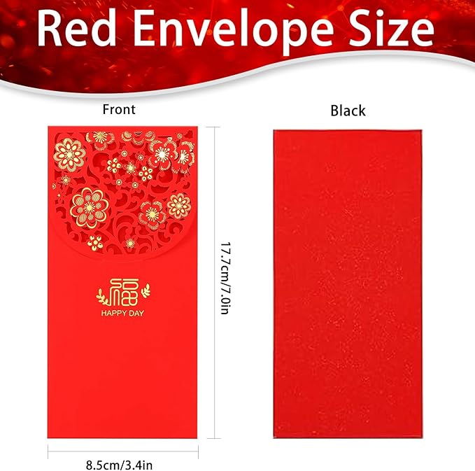 20 Pcs Chinese New Year Red Envelopes, 3.4 x 7 Inches Large 福 Hong Bao Lucky Money Cash Envelopes, Elegant Floral Design Red Packets Lai See for Spring Festival, Lunar New Year, Weddings, Birthdays