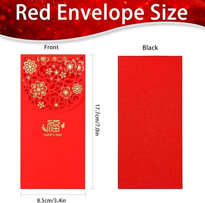 20 Pcs Chinese New Year Red Envelopes, 3.4 x 7 Inches Large 福 Hong Bao Lucky Money Cash Envelopes, Elegant Floral Design Red Packets Lai See for Spring Festival, Lunar New Year, Weddings, Birthdays