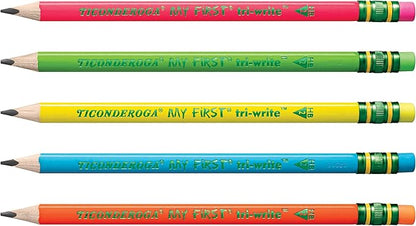 Ticonderoga My First Tri-Write Wood-Cased Pencils, Pre-Sharpened, 2 HB, With Erasers, Neon Colors, 12 Count