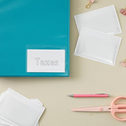 100 Pack Clear Self-Adhesive Pocket Label Holders for Index Cards 3x5, Bulk Top Load Plastic Sleeves for Storage