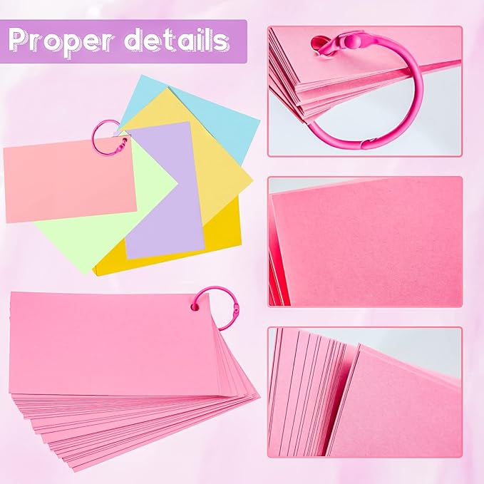 MotBach 600 Pieces Index Cards Flash Cards with Colorful Binder Rings,3" x 5", 10 Color Assorted Color Blank Punched Memo Note Cards Unlined Study Record To Do List for Home School Office Supplies
