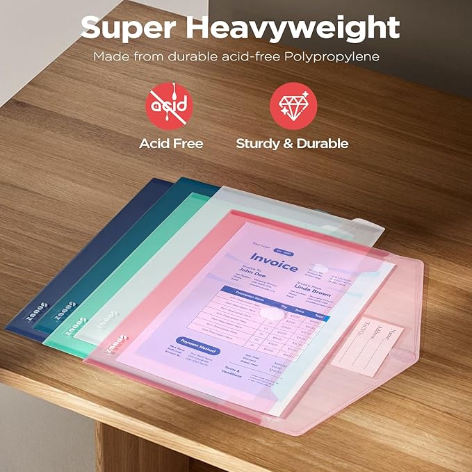 Sooez 20Pack Plastic Envelopes, Plastic File Folders, Clear Folders for Documents Trendy Colors, Super Heavyweight Document Holders, Storage Pouches, File Envelopes for School Office Supplies