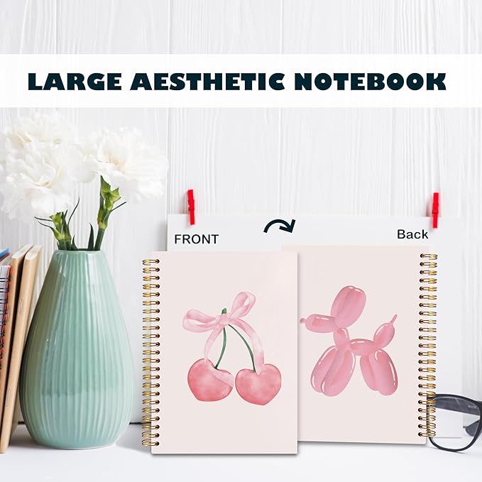 BearCake Preppy Pink Aesthetic Notebook,Cute notebooks for Women,Pink Cherry Dog Notebook gift,Pink Desk Accessories for Women, Hardcover Spiral Notebook 5.5x8.3