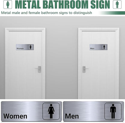 Brushed Aluminum Restroom Signs, Men and Women Modern Restroom Sign, 9 x 3 Inch Bathroom Door Signage Decor for Offices Business Restaurants (4 Pcs)