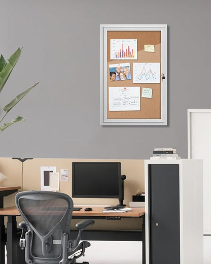 36"x24" Enclosed Bulletin Board, Outdoor Lockable Weather-Resistant Aluminum Cork Noticeboard for School & Office, Silver Frame w/Cork